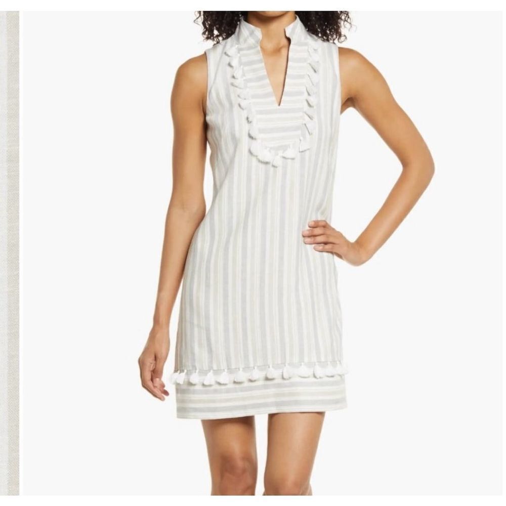 Eliza J Gray Linen Stripe Sleeveless Tassel Dress sz 14